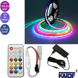 12V 720Ledli RGB Pixel cob Şerit Led 5MT.+12v 5a Adaptör + RF 21Tuş Kontrol Kumandalı SET