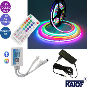 12V 720Ledli RGB Pixel cob Şerit Led 5MT.+12v 5a Adaptör + sp611E Bt Kontrol Kumandalı SET