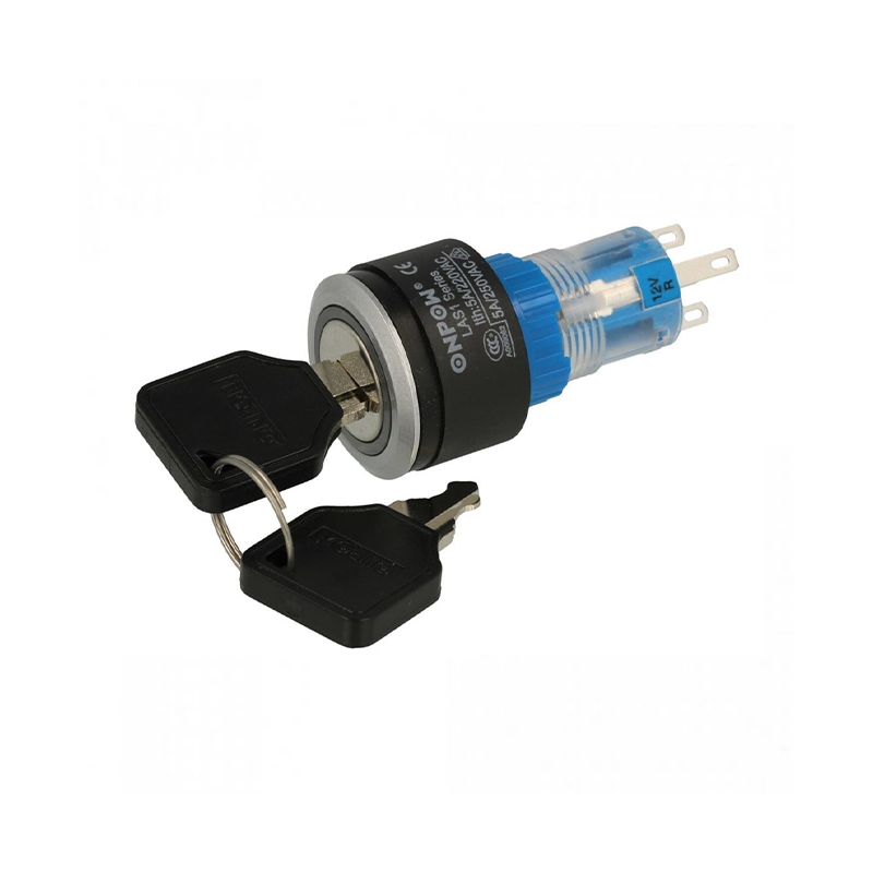 22 mm key switch Off–On buton – LED halkalı, 3 pin, panel montajlı