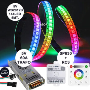 5V WS2812B 144led Rgb Pixel Led 5mt. + SP630e-RC3 Kontrol + 5V 60Amper Trafo Seti