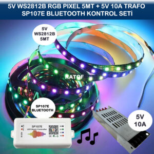 5V WS2812B 60led Rgb Pixel Led 5mt. + SP107e Bluetooth + 5V 10A Trafo Seti