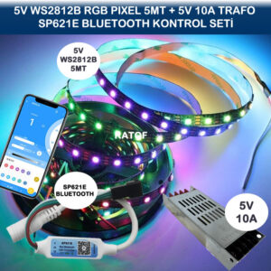 5V WS2812B 60led Rgb Pixel Led 5mt. + SP621e Bluetooth + 5V 10A Trafo Seti